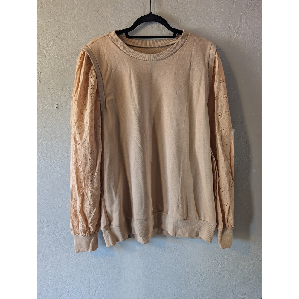 Women's XL Eyelet Sleeve Sweatshirt Blush Tan Embroidered Balloon Sleeve Boho